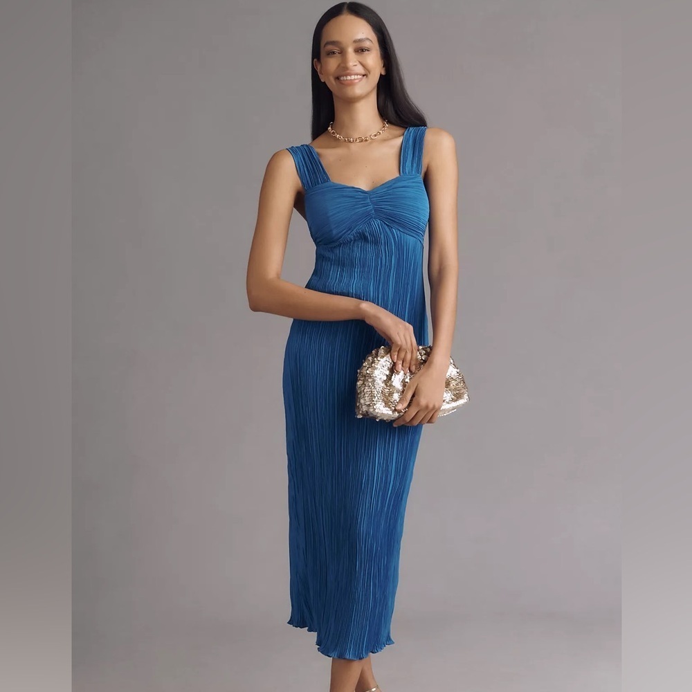 NWT! By Anthropologie Blue Pleated Satin Midi Dress🪐